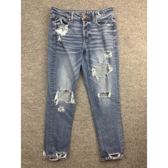 American Eagle Outfitters Denim - American Eagle Tomgirl Jeans Women's 4 Destroyed Blue Denim Button Fly Mid Rise